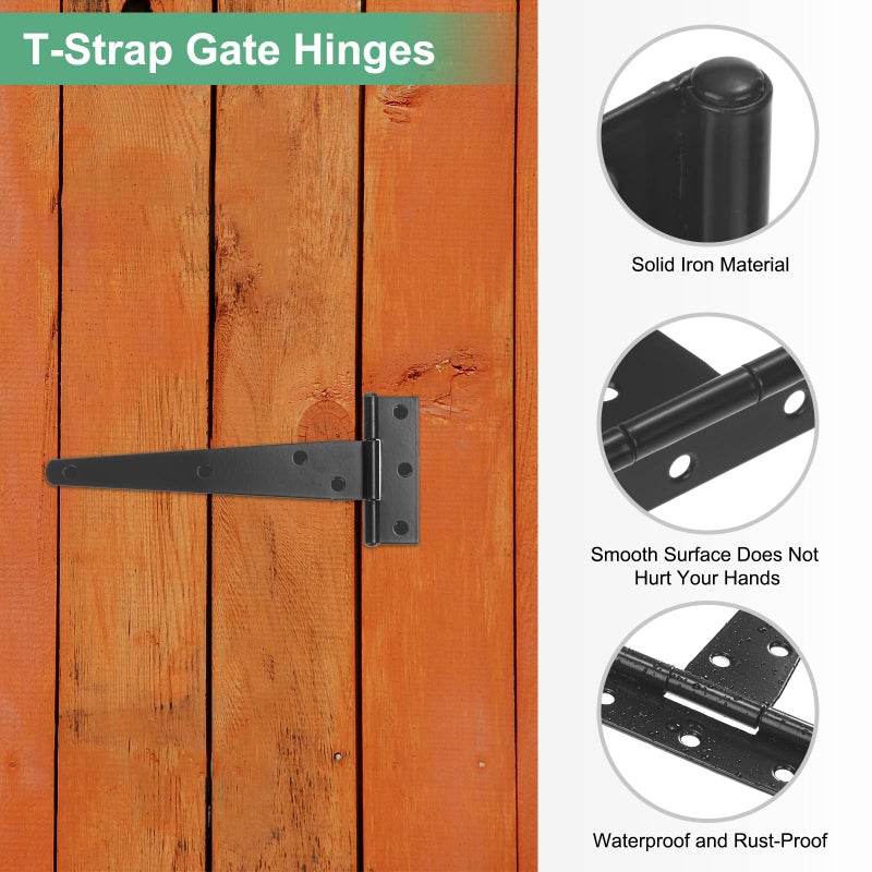 M METERXITY 4-Pack Iron T-Strap Shed Door Hinges, 6 Inch Barn Door Gate Hinges, Tee Hinge Wrought Hardware with Screws for Wooden Fences/Yard/Barn Door [Black] - Image 2